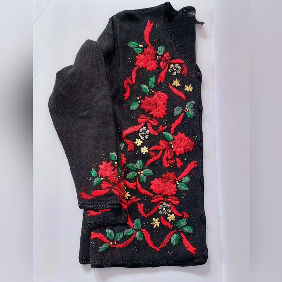 Beaded Poinsettia, Holly & Bows Christmas Black Cardigan Sweater 14/16 Lane Brya - Picture 3 of 7